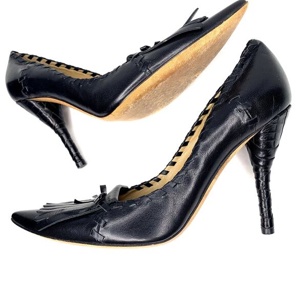 YSL rive gauche line black leather pointy pumps bow accent women's size 37.5 - Picture 6 of 9